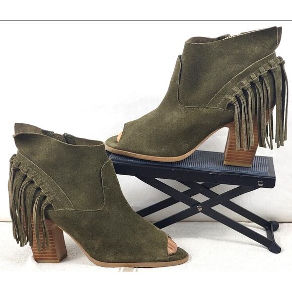 Marc Fisher Suede Fringe Open Toe Booties Women’s 9.5M Army Green Block Heel - Picture 1 of 14